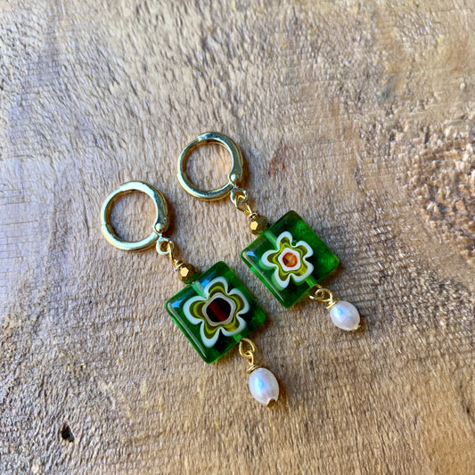 Green Square Beaded Earrings - ByMNC